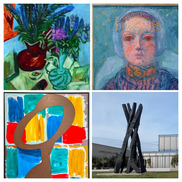 1. Ernst Ludwig Kirchner, Stilleben mit zwei Blumenvasen, 1912 (Detail)
Sammlung Würth, Inv. 20464 
Foto: Jakob Jägli-Schmelz
2. Piet Mondrian,  Mädchen aus Zeeland, 1909 (Detail)
Sammlung Würth, Inv. 8552, Foto: Volker Naumann
3. Klaus-Martin Treder (*1961)
S über Manhattan / S over Manhattan,1979 (Detail)
Sammlung Würth, Inv. 4041, Foto: Di Girolamo 
4. Georg Baselitz, Zero Dom, 2021, Bronze, patiniert, Sammlung Würth, Inv. 20722
Würth Skulpturengarten Künzelsau-Gaisbach
Foto: Di Girolamo 

 | Foto: Eigene Collage_Sammlung Würth