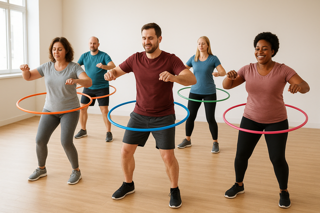 5 Menschen mit Hula-Hoop-Reifen in einem Trainingsraum
