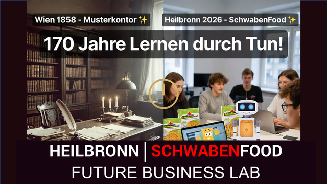 📸 Von der kerzenbeleuchteten Schreibstube im Jahr 1858 zum KI-gestützten „SchwabenFood Lab“ im Jahr 2026: Die Evolution des Lernens macht mobil. Unser hier gezeigtes Kampagnenbild wurde komplett vom Team mithilfe von Künstlicher Intelligenz generiert. | Foto: HEILBRONN │ SCHWABENFOOD – Kaufmännische Übungsfirma